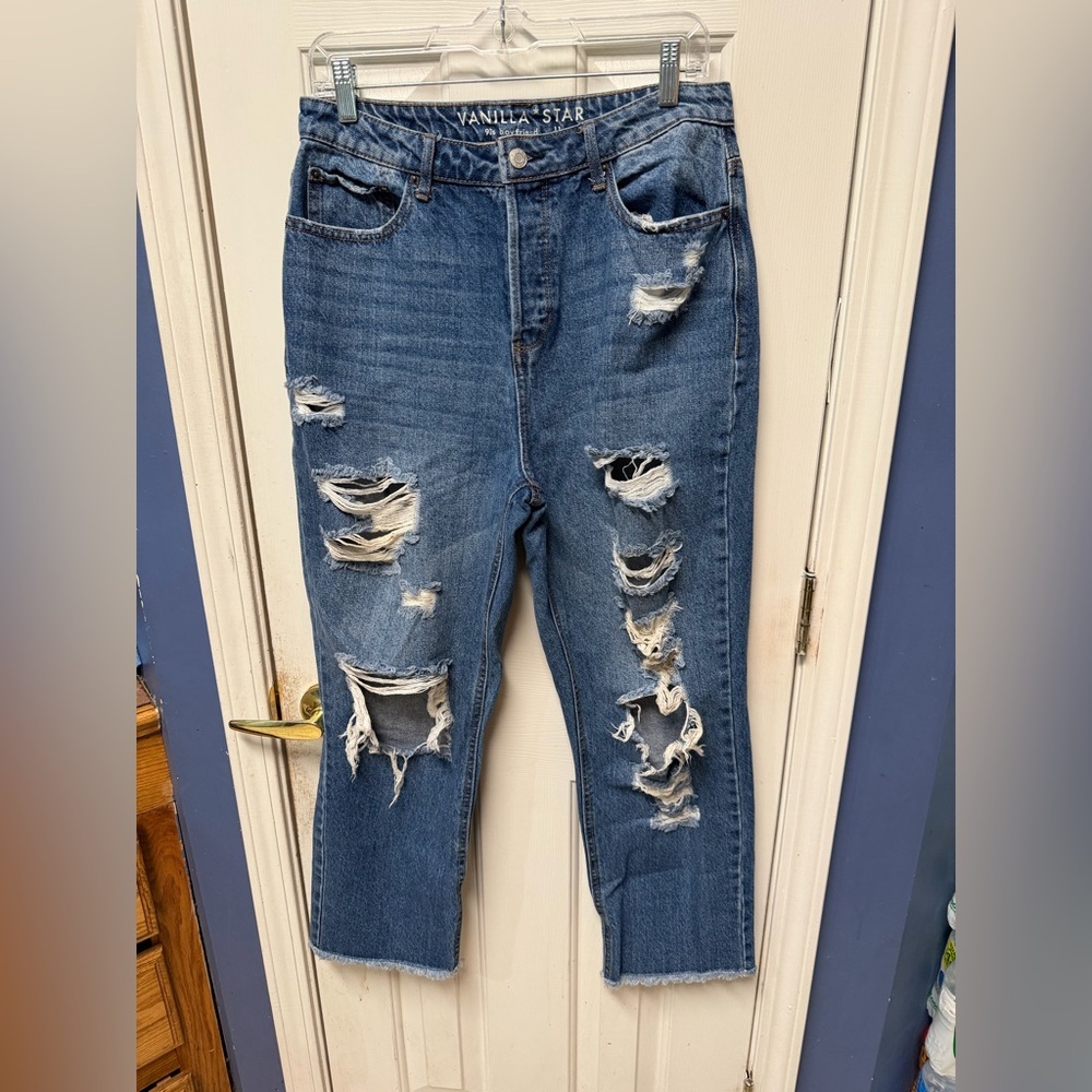 Vanilla Star 90s Boyfriend Jeans Womens 11 Distressed Blue Denim Button Fly